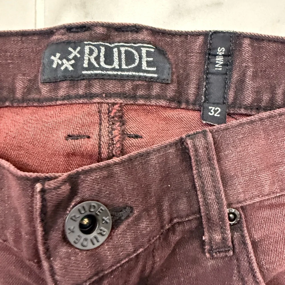 Rude Hot Topic Denim Dark Red Shorts Punk Goth Grunge Mens Skinny Size 32 - Picture 3 of 9